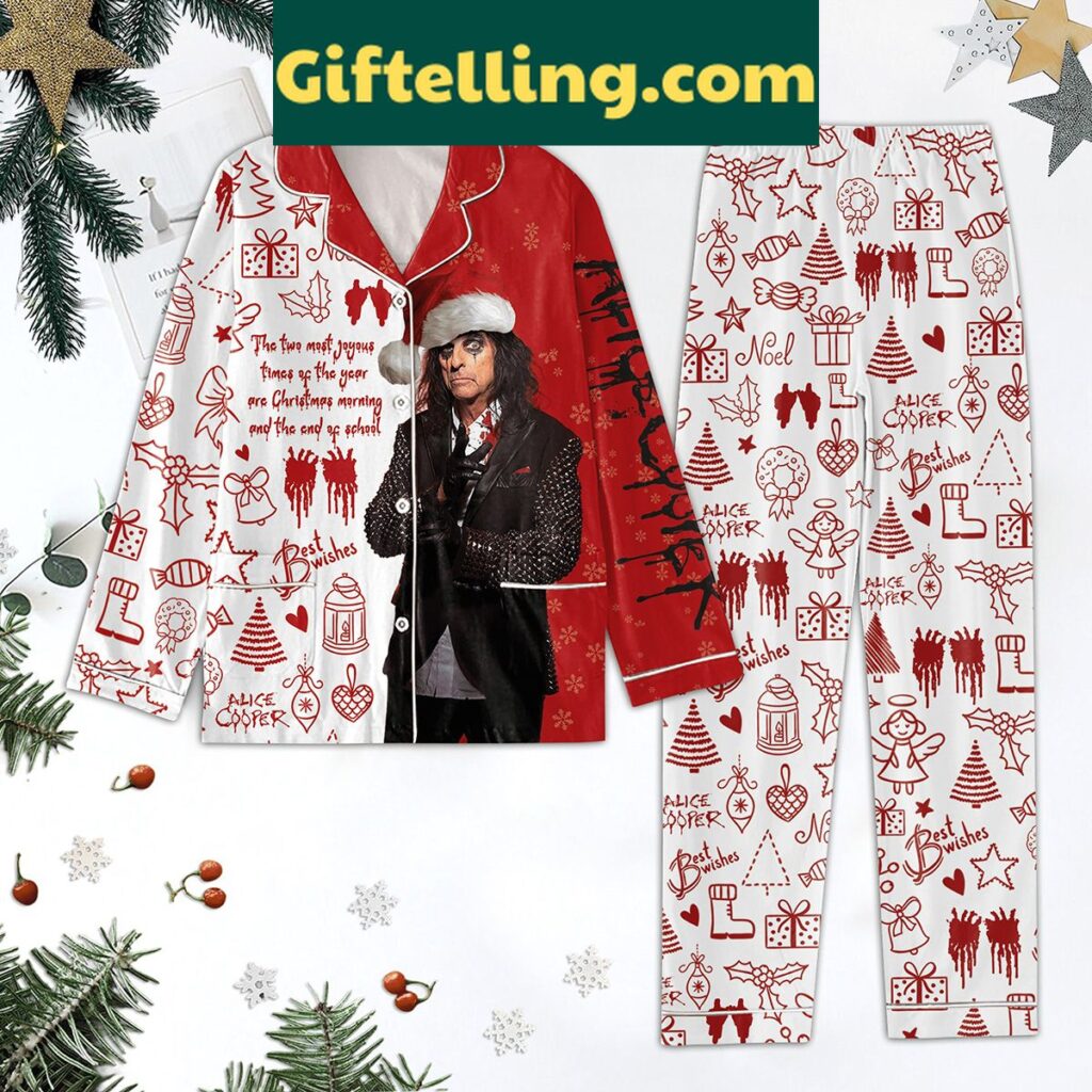 Alice Cooper Christmas Pajama Set with festive holly patterns and the artist's iconic logo