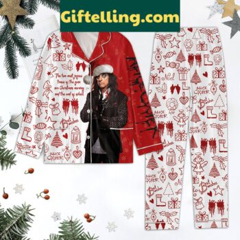 Alice Cooper Christmas Pajama Set with festive holly patterns and the artist's iconic logo