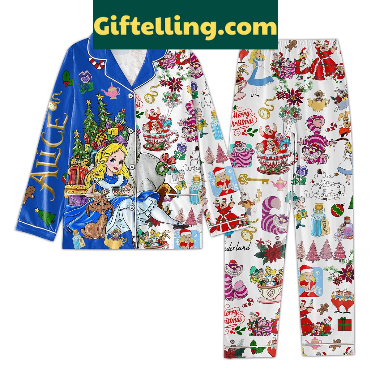 alice-in-wonderland-merry-christmas-pajamas-set-for-women-1 Alice In Wonderland Merry Christmas Pajamas Set for women laying on a bed