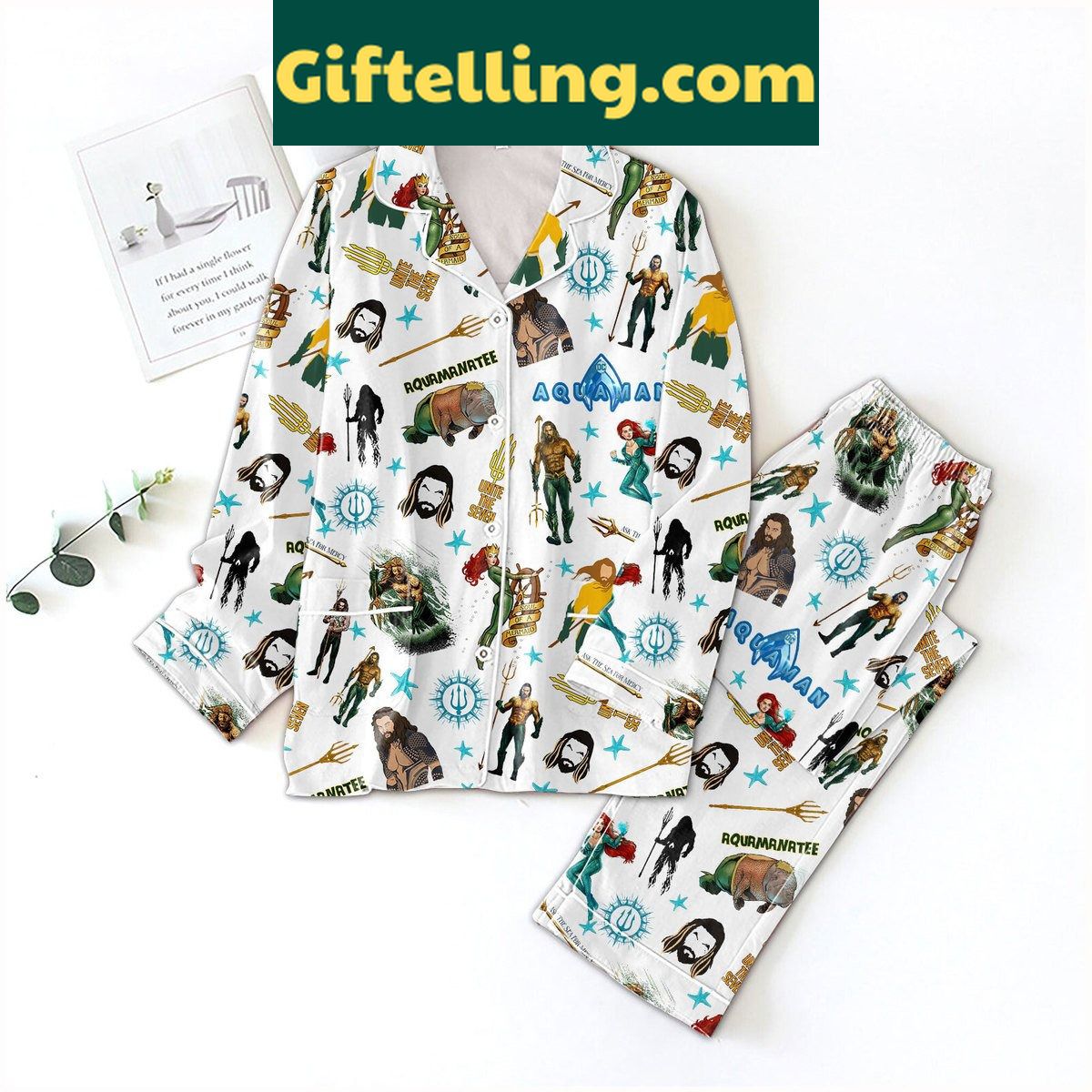 aquaman-aquamanatee-polyester-pajamas-set-for-kids-official-dc-comics-licensed-1 Aquaman Aquamanatee Polyester Pajamas Set product image showing design and team colors