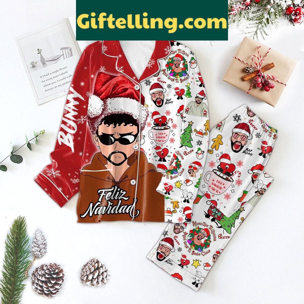 Bad Bunny Feliz Navidad Merry Christmas Polyester Pajamas Set Bad Bunny Feliz Navidad Merry product image showing design and team colors