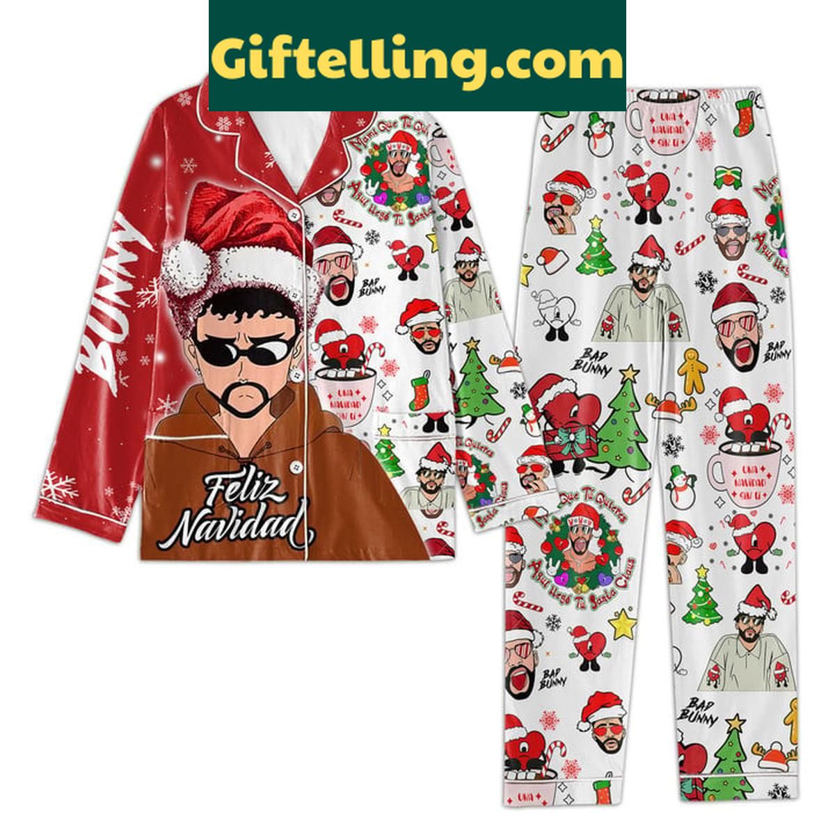 Bad Bunny Feliz Navidad Merry Christmas Polyester Pajamas Set Bad Bunny Feliz Navidad Merry product image showing design and team colors