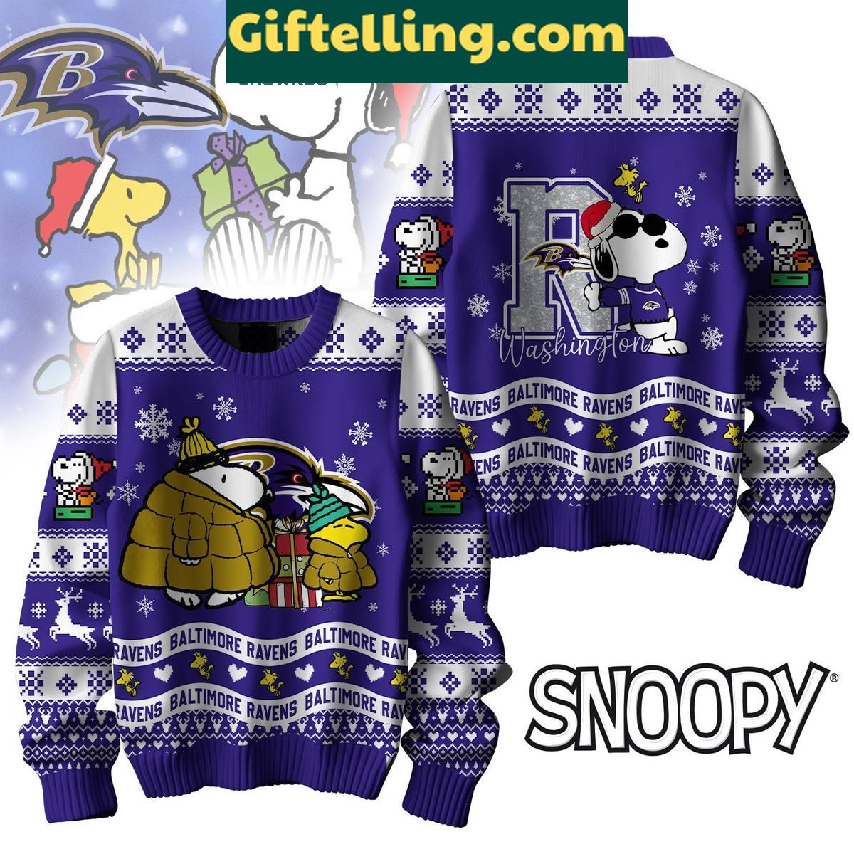 Baltimore Ravens Peanuts Snoopy Ugly Sweater Christmas NFL Gift for Fans Baltimore Ravens Peanuts Snoopy Ugly product image showing design and team colors