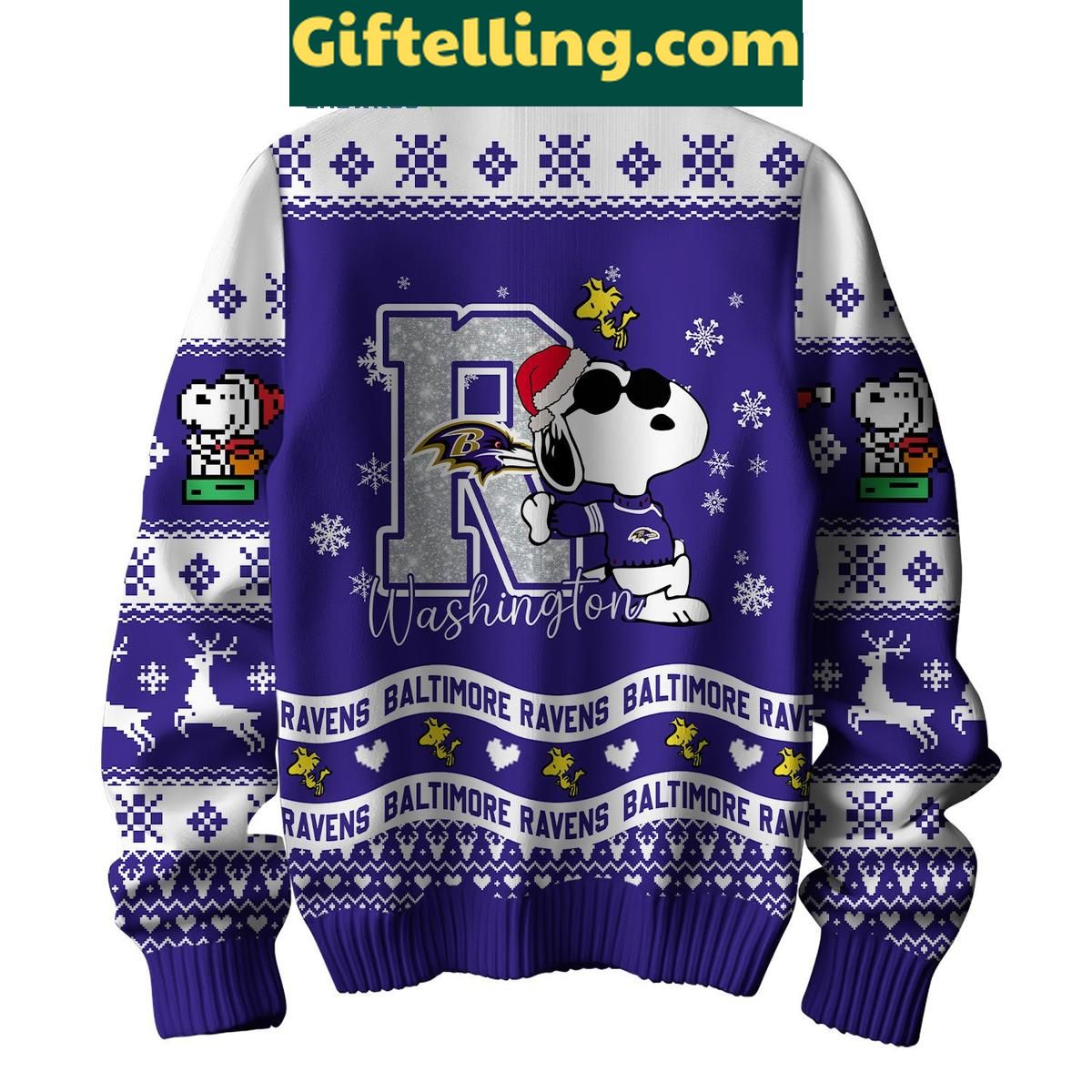 Baltimore Ravens Peanuts Snoopy Ugly Sweater Christmas NFL Gift for Fans Baltimore Ravens Peanuts Snoopy Ugly product image showing design and team colors