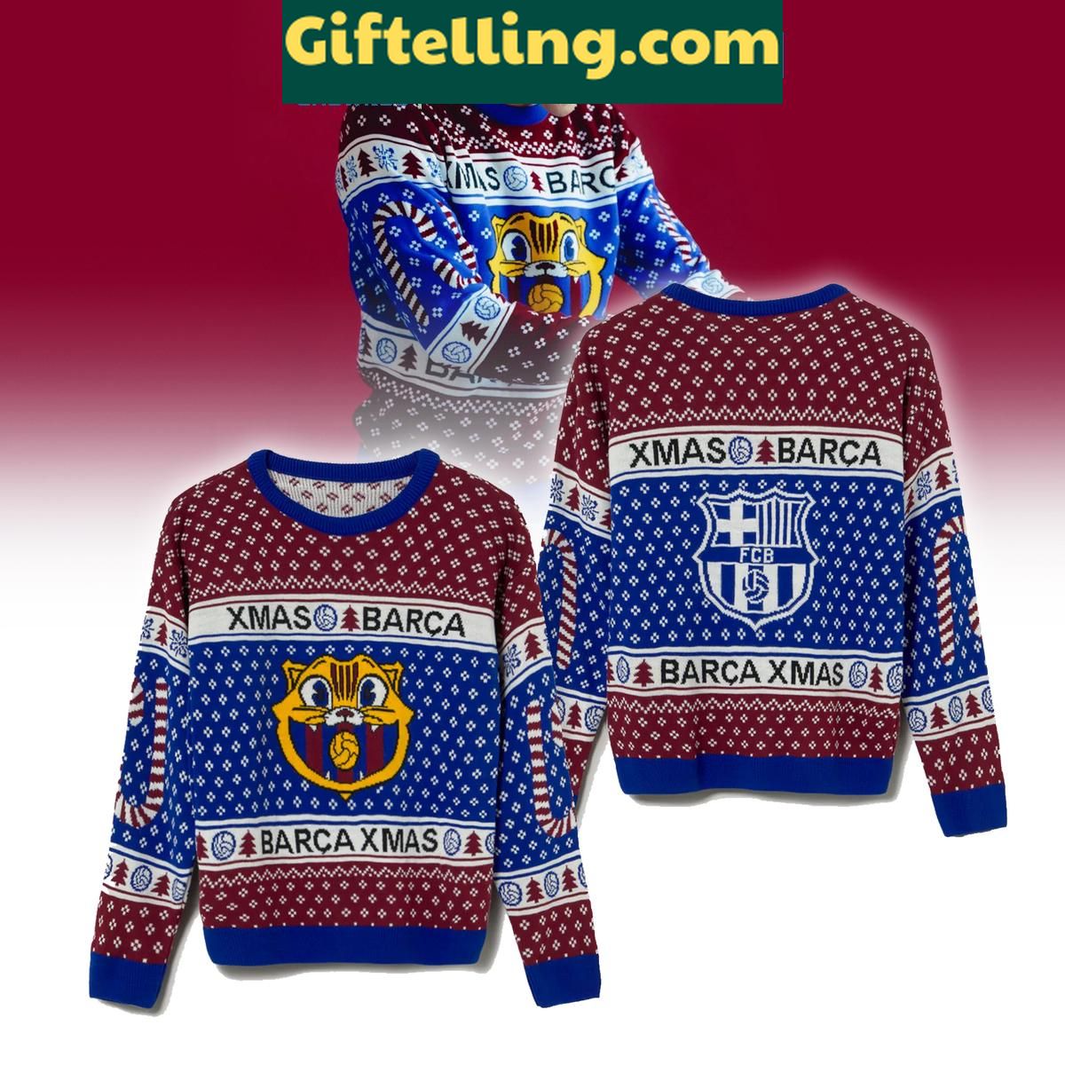 Barcelona Ugly Sweater Christmas Gift for Football Fans Barcelona Ugly Sweater, Unique Christmas Gift for Football Fans