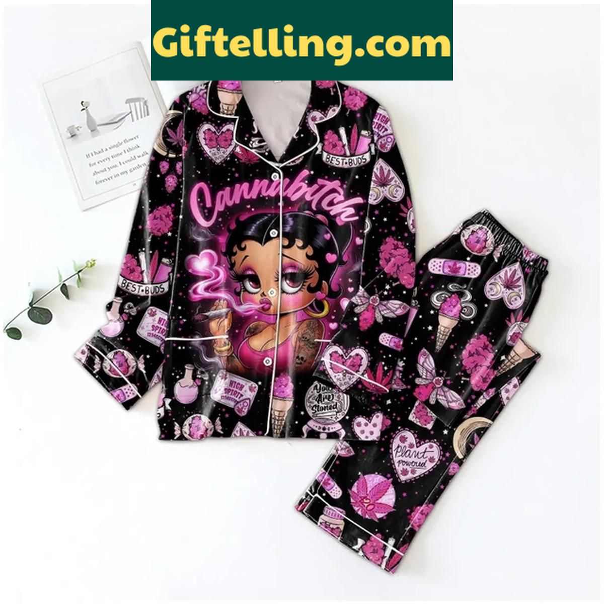 Betty Boop Cannabitch High Spirit Polyester Pajamas Set Betty Boop Cannabitch High Spirit product image showing design and team colors