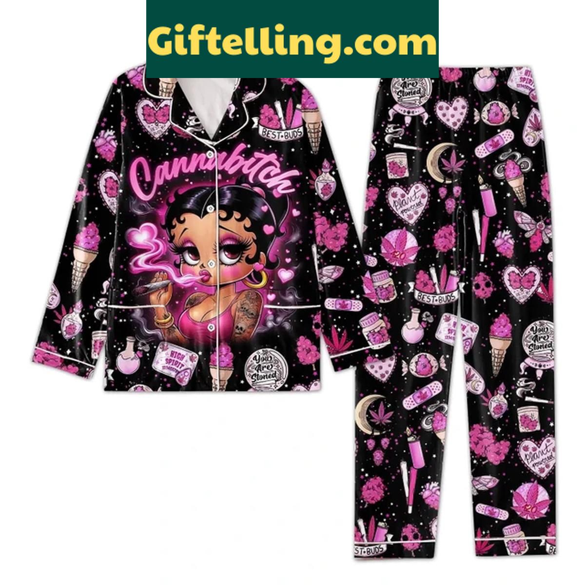 Betty Boop Cannabitch High Spirit Polyester Pajamas Set Betty Boop Cannabitch High Spirit product image showing design and team colors