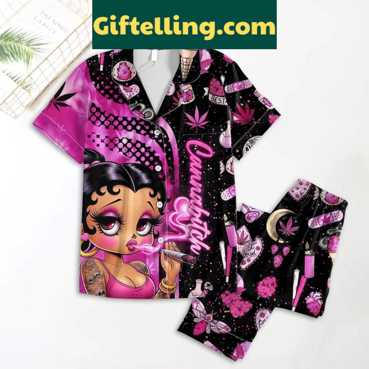 Betty Boop High Spirit For Cannabitch Polyester Pajamas Set Betty Boop High Spirit Poly Pajamas Set, cannabitch-themed loungewear