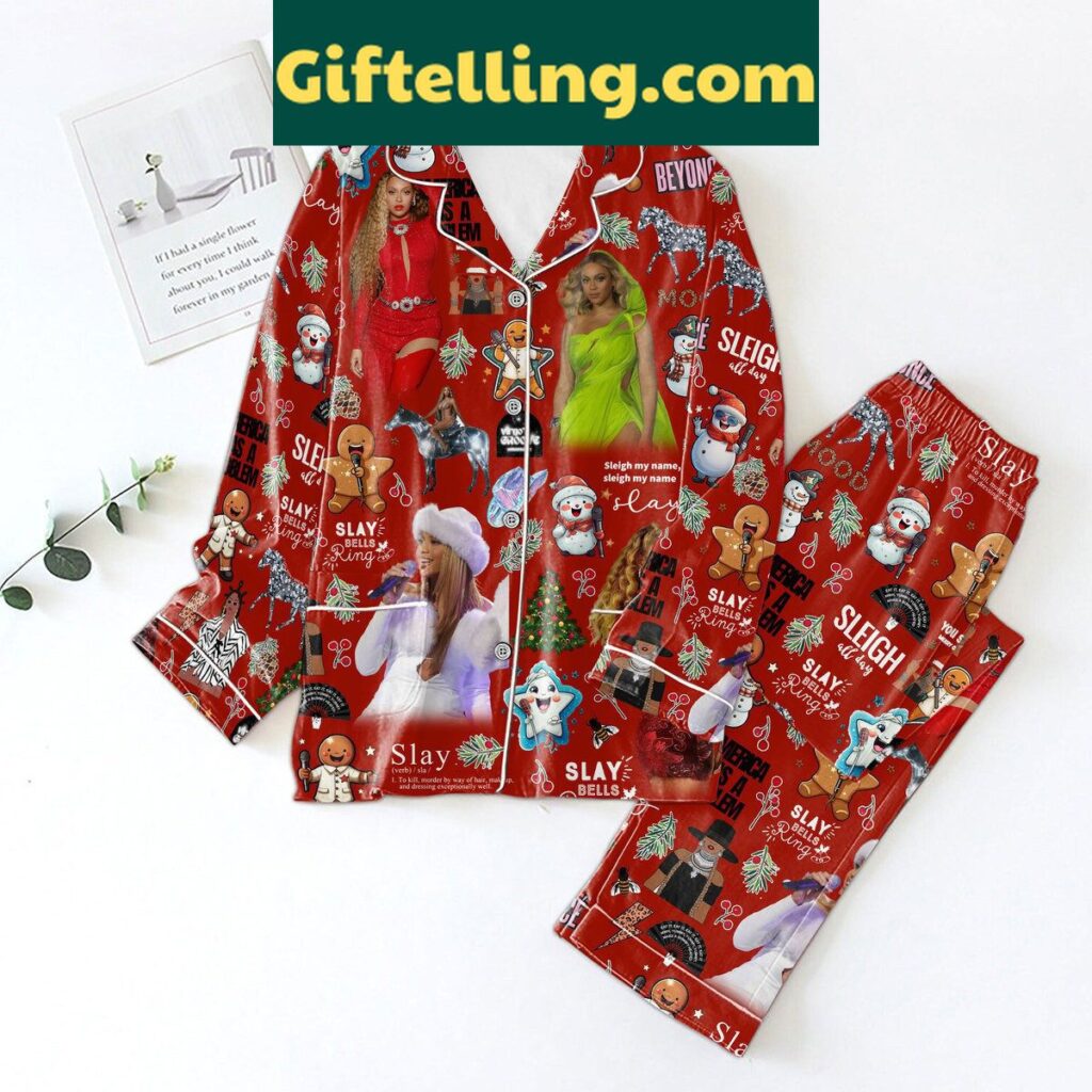 Beyonce Sleigh My Name Slay Bells Ring Pajamas Set - red and white holiday-themed pajama set