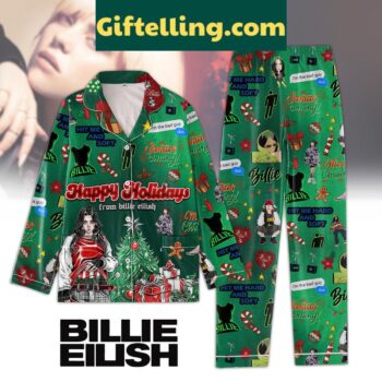 Billie Eilish Happy Holidays Christmas 2024 Polyester Pajamas Set with festive graphics