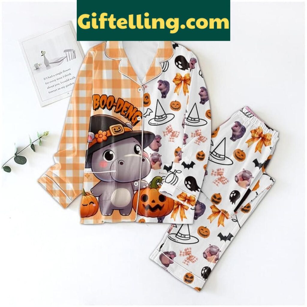 Boo Deng The Hippo Happy Halloween Pajamas Set for kids, featuring a cute hippo character and soft polyester material