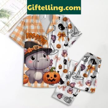 Boo Deng The Hippo Happy Halloween Pajamas Set for kids, featuring a cute hippo character and soft polyester material