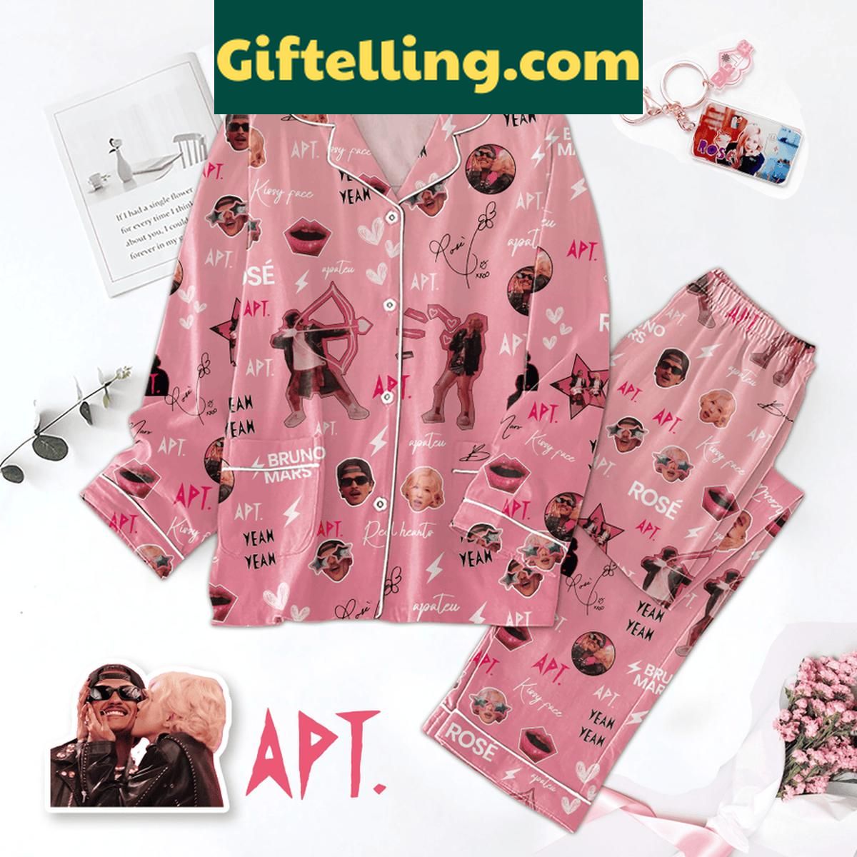 Bruno Mars Apt With Rose Christmas Polyester Pajamas Set Bruno Mars Christmas Polyester Pajamas Set for men, featuring long sleeves and pants with a fun holiday design