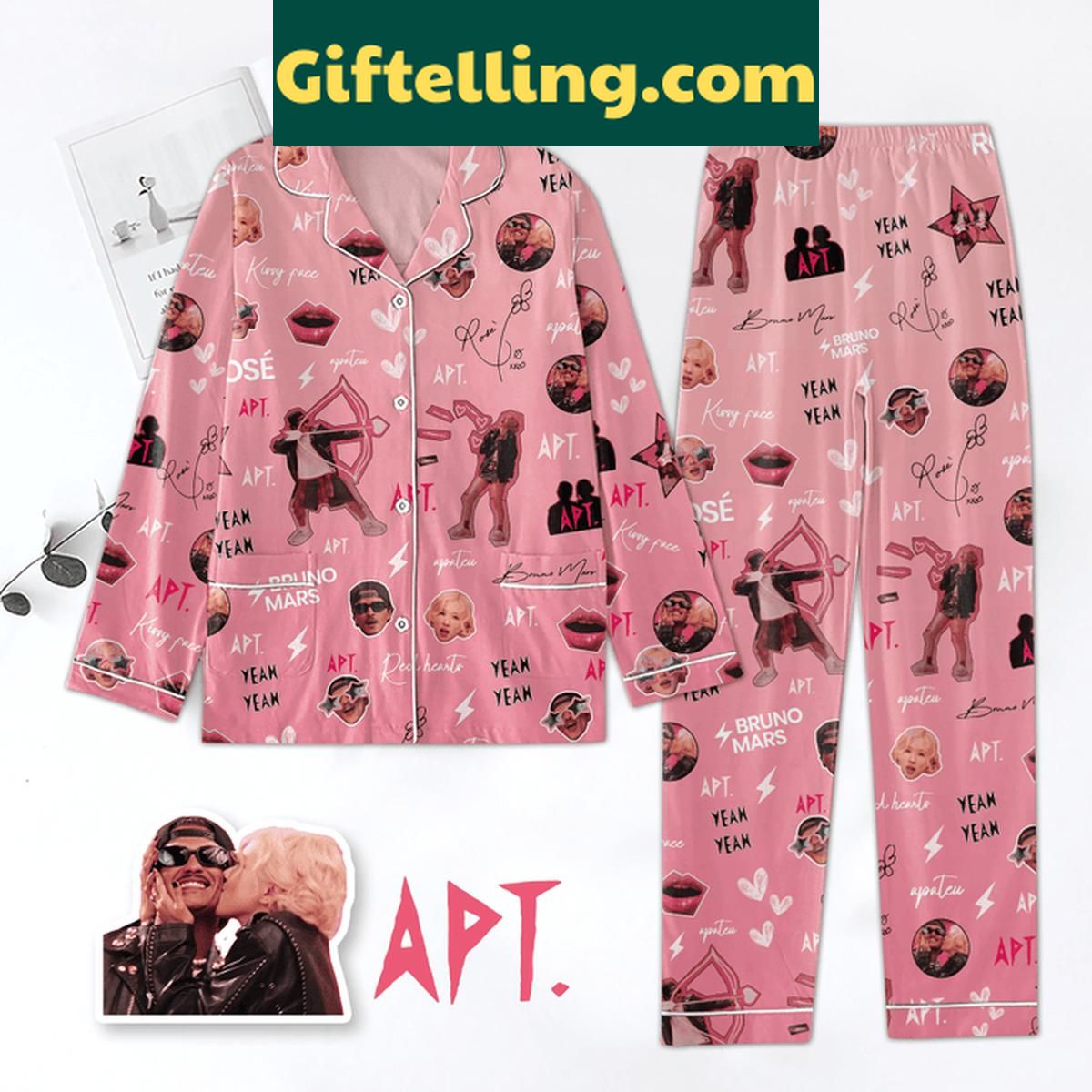 Bruno Mars Apt With Rose Christmas Polyester Pajamas Set Bruno Mars Christmas Polyester Pajamas Set for men, featuring long sleeves and pants with a fun holiday design