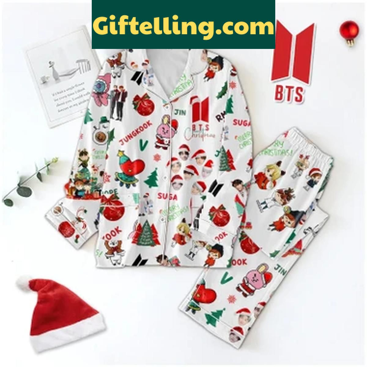 BTS Jungkook V Jimin Suga J-Hope RM Jin Christmas Polyester Pajamas Set BTS Christmas Pajamas Set featuring Jungkook, V, Jimin, Suga, J-Hope, RM, and Jin polyester