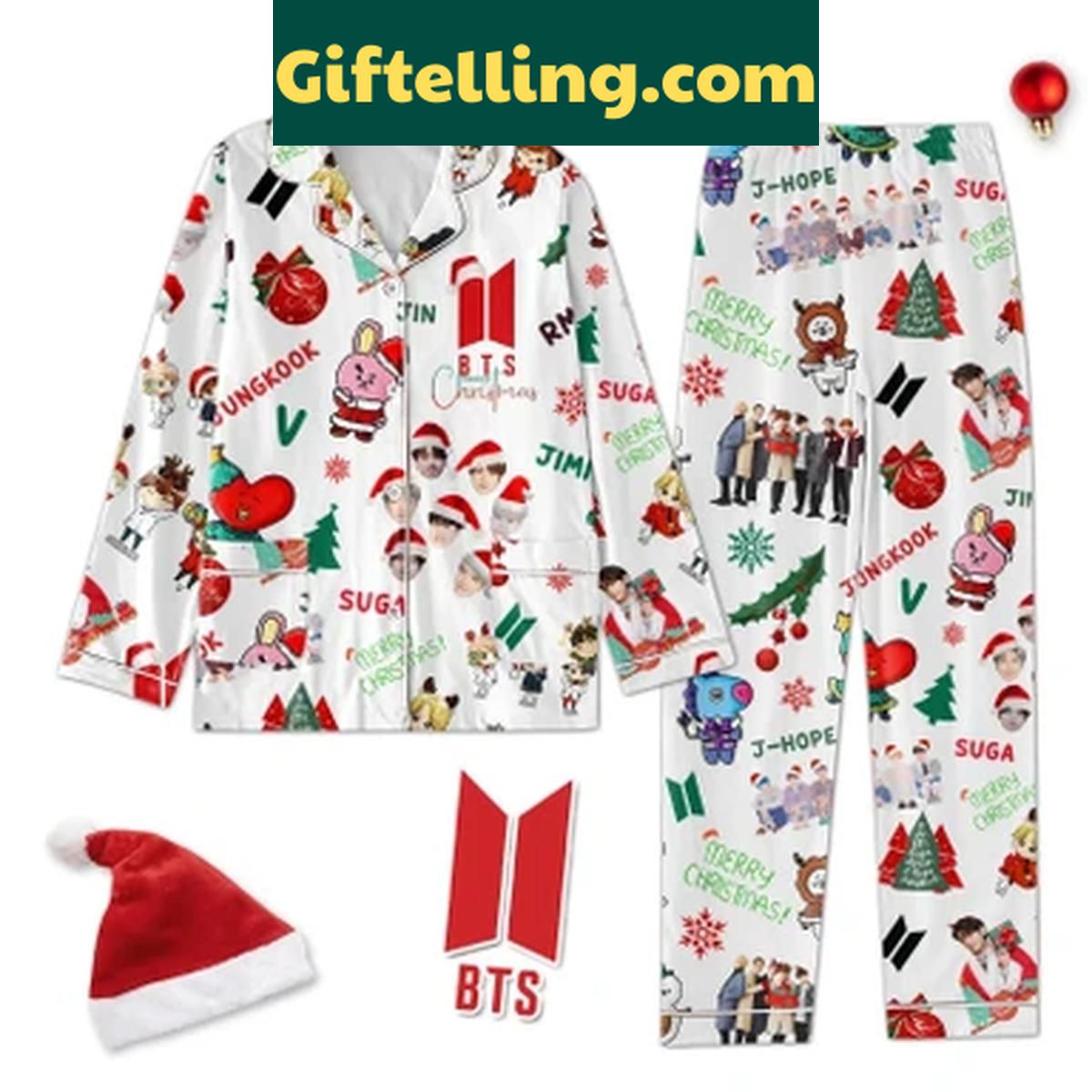 BTS Jungkook V Jimin Suga J-Hope RM Jin Christmas Polyester Pajamas Set BTS Christmas Pajamas Set featuring Jungkook, V, Jimin, Suga, J-Hope, RM, and Jin polyester