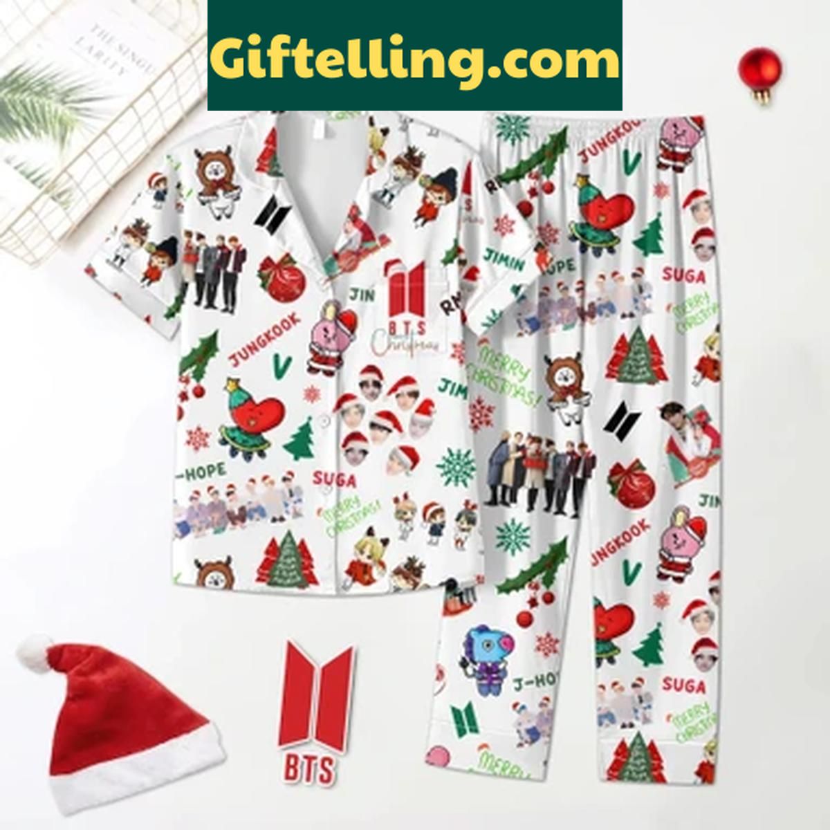 BTS Jungkook V Jimin Suga J-Hope RM Jin Christmas Polyester Pajamas Set BTS Christmas Pajamas Set featuring Jungkook, V, Jimin, Suga, J-Hope, RM, and Jin polyester