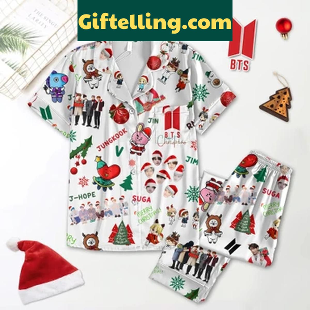 BTS Jungkook V Jimin Suga J-Hope RM Jin Christmas Polyester Pajamas Set BTS Christmas Pajamas Set featuring Jungkook, V, Jimin, Suga, J-Hope, RM, and Jin polyester