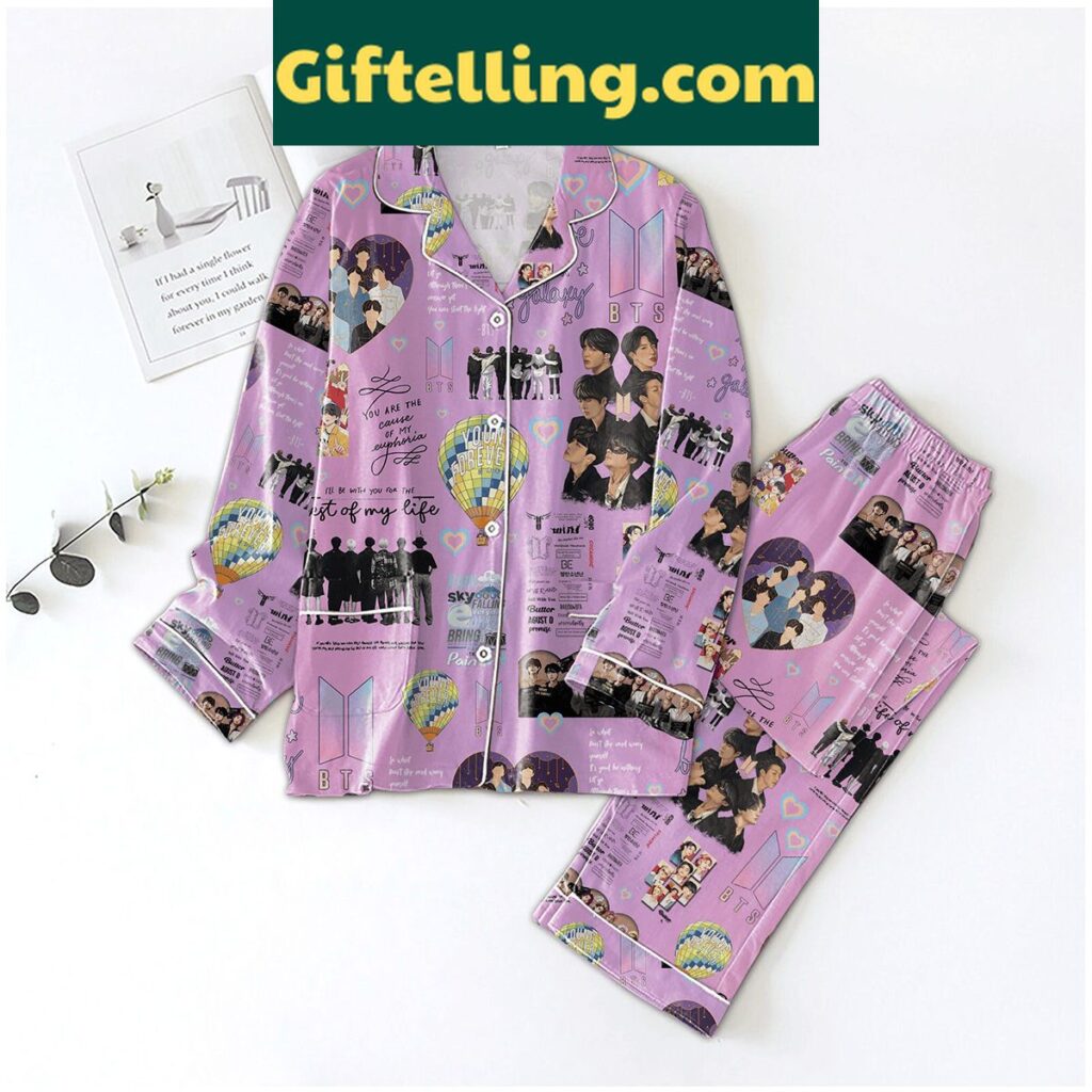 BTS Love Yourself Polyester Pajamas Set with coordinating top, bottom, and matching bag