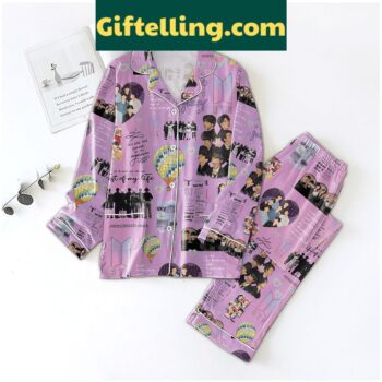 BTS Love Yourself Polyester Pajamas Set with coordinating top, bottom, and matching bag