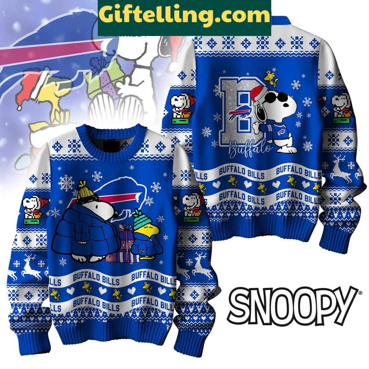 Buffalo Bills Peanuts Snoopy Christmas Gift Ugly Sweater Buffalo Bills Peanuts Snoopy Christmas product image showing design and team colors