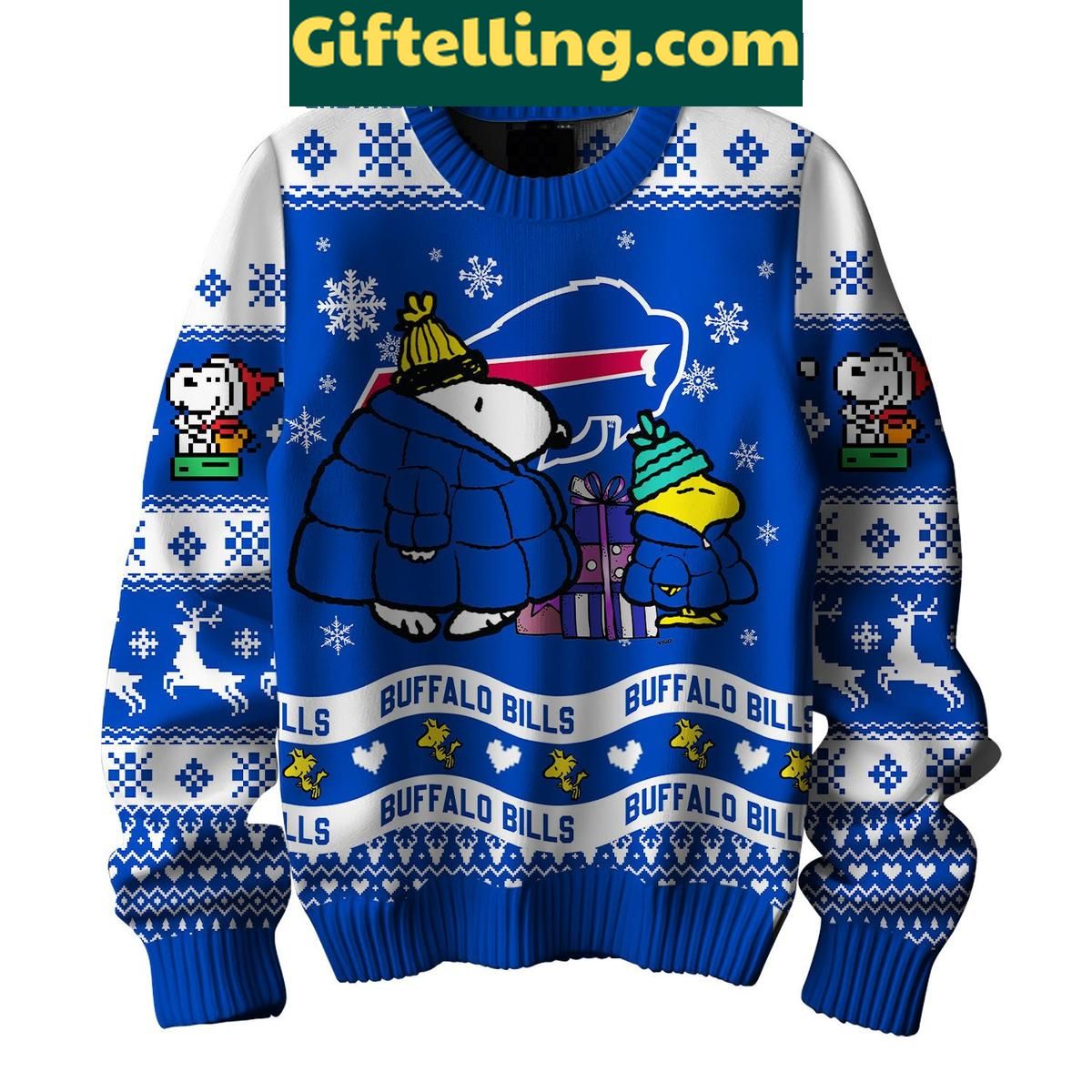 Buffalo Bills Peanuts Snoopy Christmas Gift Ugly Sweater Buffalo Bills Peanuts Snoopy Christmas product image showing design and team colors