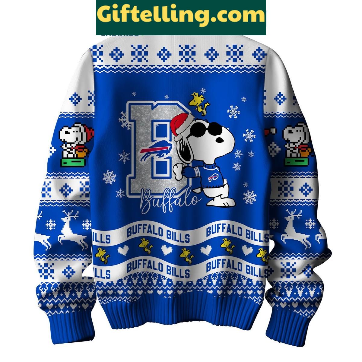 Buffalo Bills Peanuts Snoopy Christmas Gift Ugly Sweater Buffalo Bills Peanuts Snoopy Christmas product image showing design and team colors