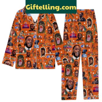 Burna Boy Told Him polyester pajamas set in orange, with top and bottom pieces