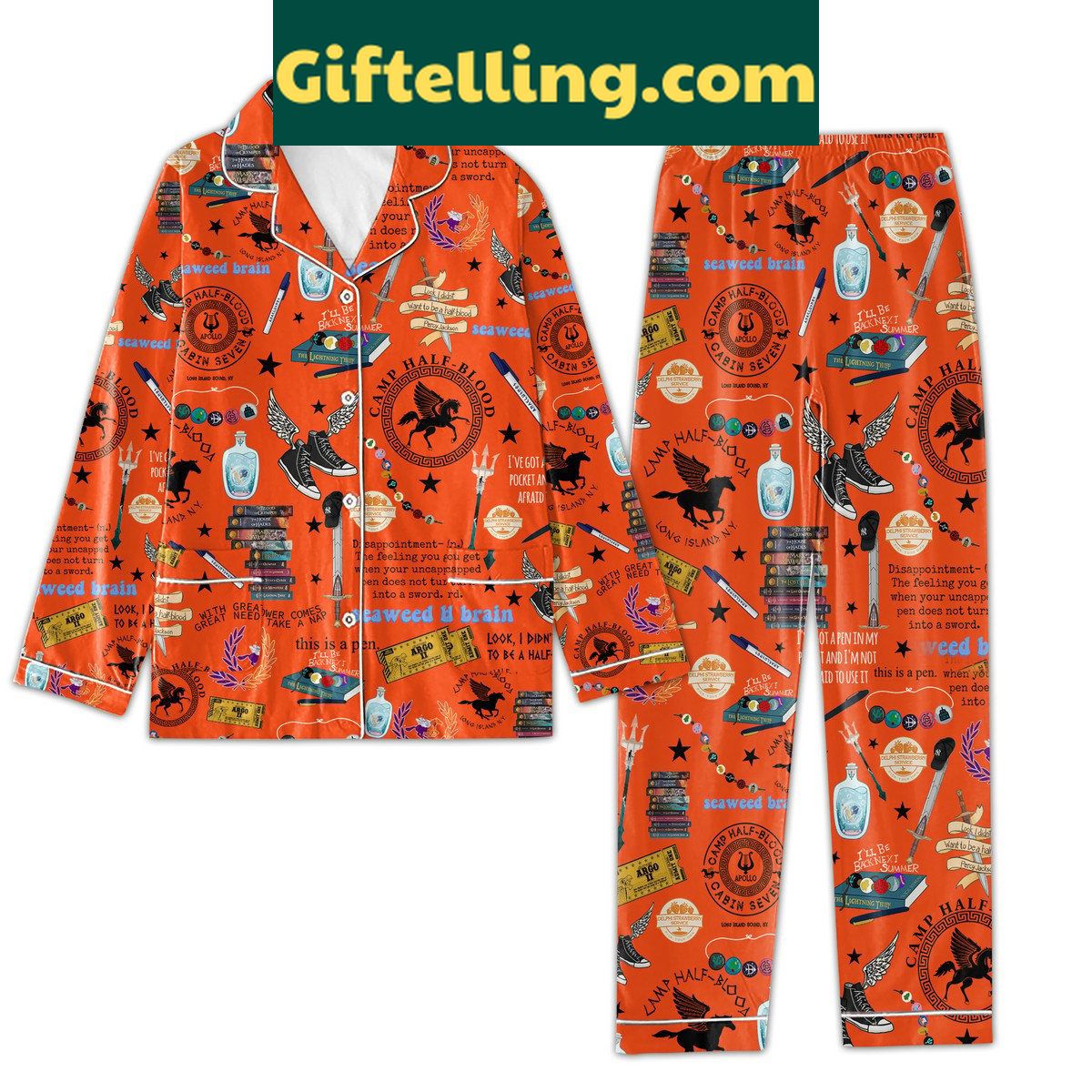 camp-half-blood-chronicles-pajamas-set-ill-be-back-next-summer-2 A Camp Half Blood Chronicles I'll Be Back Next Summer Pajamas Set, including a pair of pants and a matching top with a vibrant graphic print