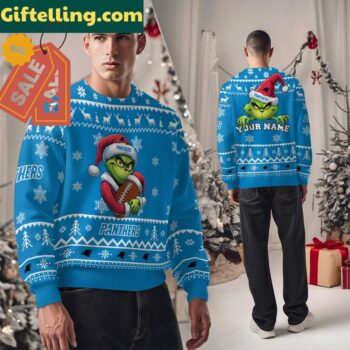 Carolina Panthers Grinch Ugly Christmas Sweater, front view