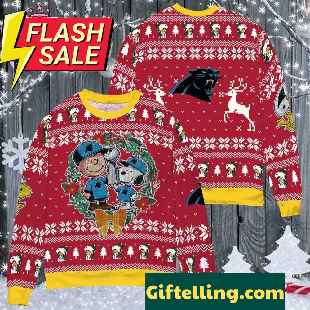 Carolina Panthers Ugly Christmas Sweater featuring Snoopy Charades Movies