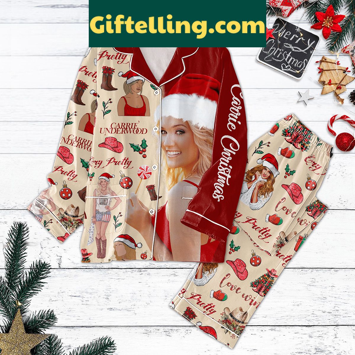 carrie-underwood-cry-pretty-christmas-pajamas-set-2 Carrie Underwood Cry Pretty Christmas product image showing design and team colors