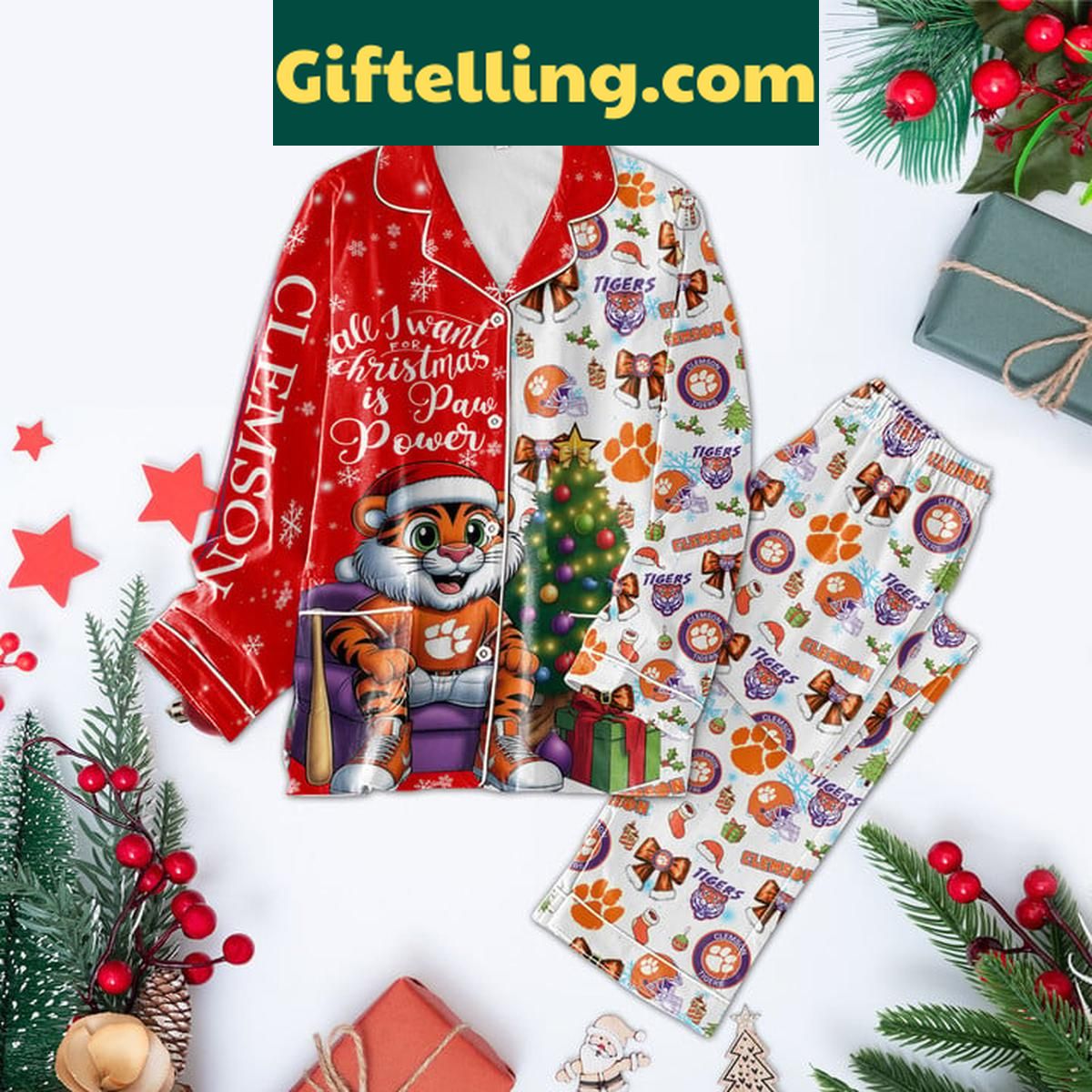 Clemson Tigers All I Want For 2024 Christmas Is Paw Power Polyester Pajamas Set Clemson Tigers All I Want product image showing design and team colors
