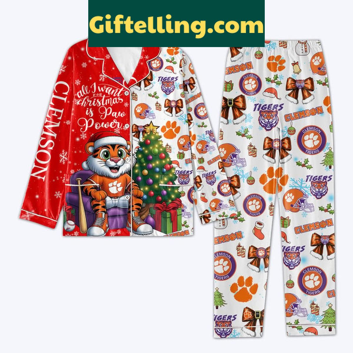 Clemson Tigers All I Want For 2024 Christmas Is Paw Power Polyester Pajamas Set Clemson Tigers All I Want product image showing design and team colors