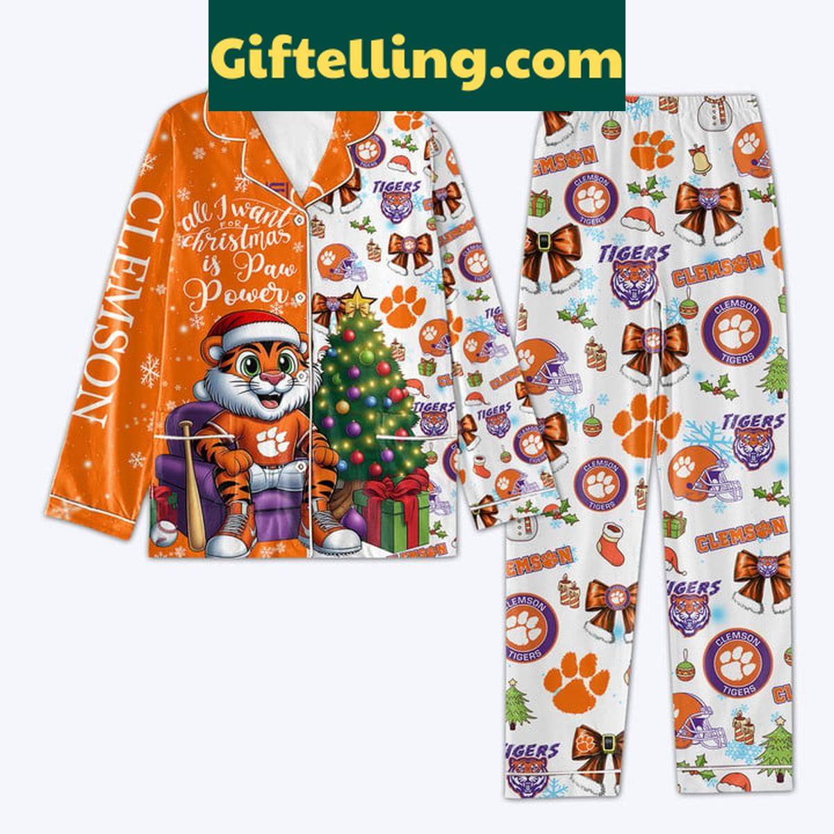 Clemson Tigers All I Want For 2024 Christmas Is Tigers Polyester Pajamas Set Clemson Tigers Christmas Polyester Pajamas Set