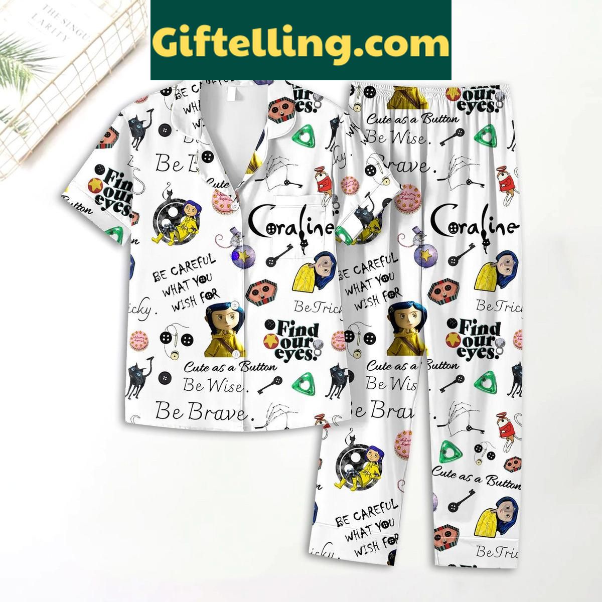 Coraline Find Our Eyes Polyester Pajamas Set Coraline Find Our Eyes Polyester Pajamas Set for women, featuring Coraline design and comfortable polyester material
