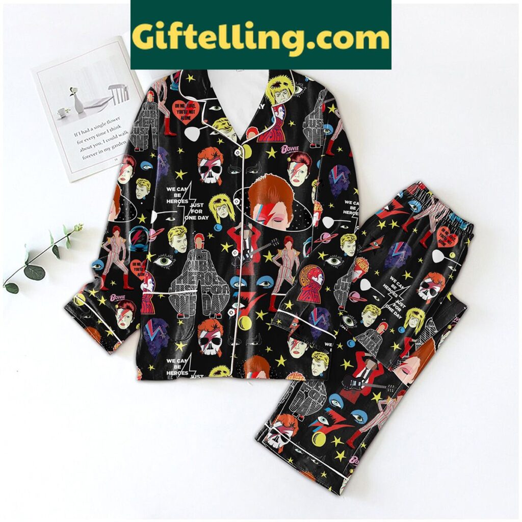 David Bowie Love You're Not Alone Pajamas Set, featuring a colorful graphic print