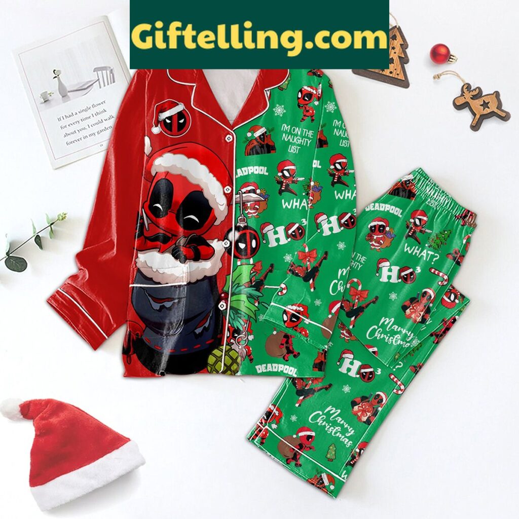 Deadpool Christmas pajamas set with I'm On The Naughty List design