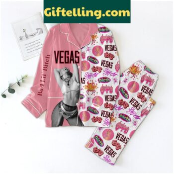 Doja Cat Bad Lil Bitch Vegas Polyester Pajamas Set, loungewear for women with bold graphics and polyester material