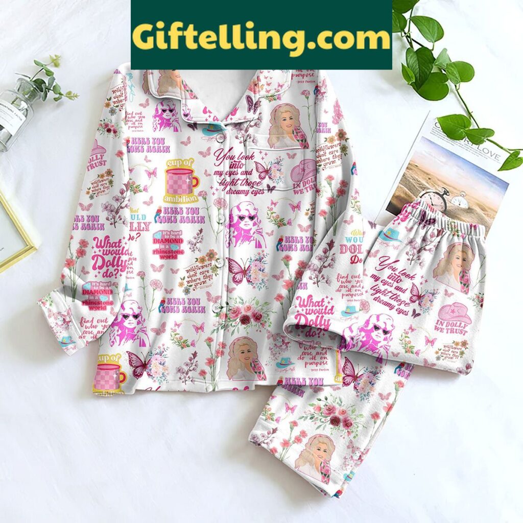 Dolly Parton Here You Come Again Pajamas Set - women's cotton pajamas with song title print