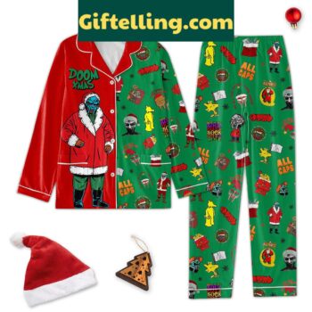 Doom X Mas All Caps Pajamas Set, festive holiday pajamas with an all-over print design