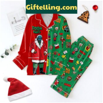 Doom X Mas All Caps Pajamas Set, festive holiday pajamas with an all-over print design