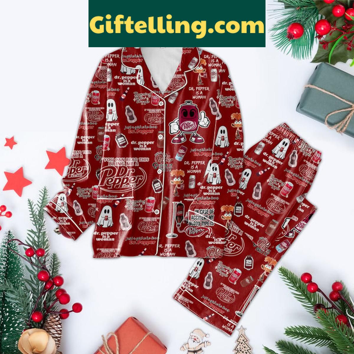Dr. Pepper My Blood Type Is Dr. Pepper Christmas Polyester Pajamas Set Dr. Pepper Christmas Polyester Pajamas Set