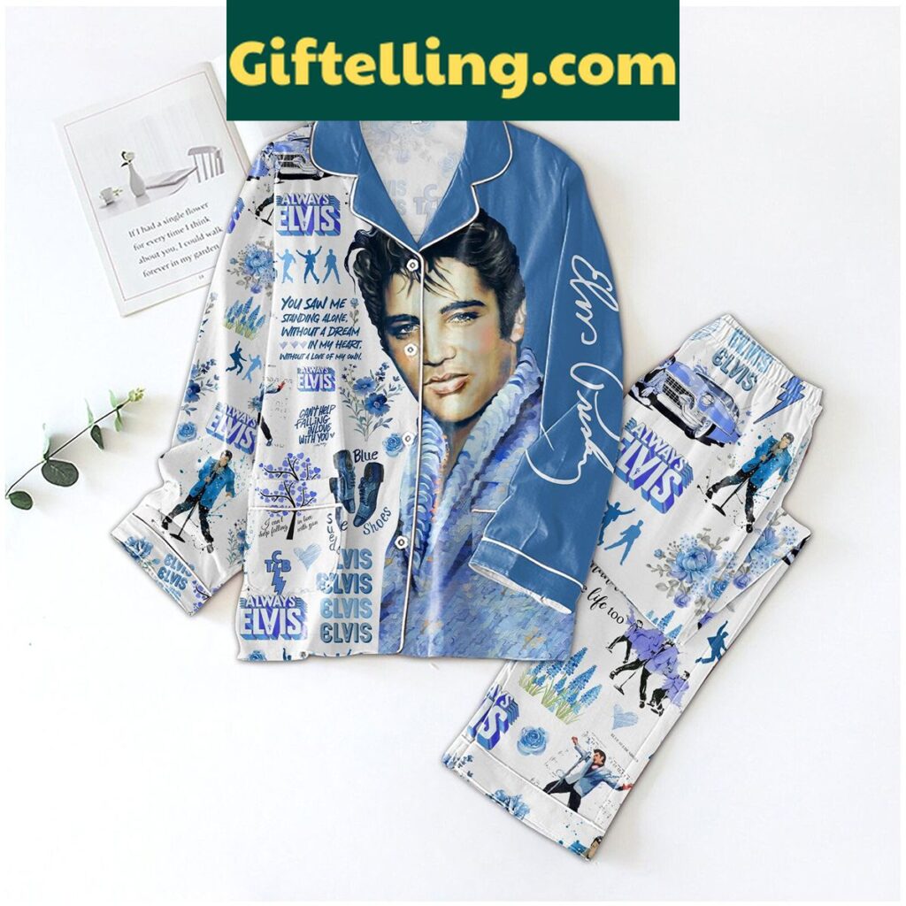 Elvis Presley Always Elvis pajamas set featuring a colorful graphic of the music legend and the phrase Can't Help Falling In Love