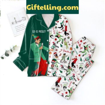 Elvis Presley Elf Christmas Pajamas Set, featuring a red and green striped shirt and black pants with an elf hat and boots