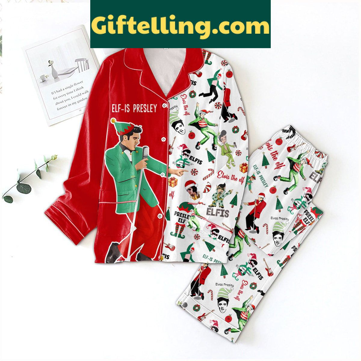 elvis-presley-elf-pajamas-set-for-christmas-fun-holiday-pjs-1 Fun holiday elf pajamas set with Elvis Presley design