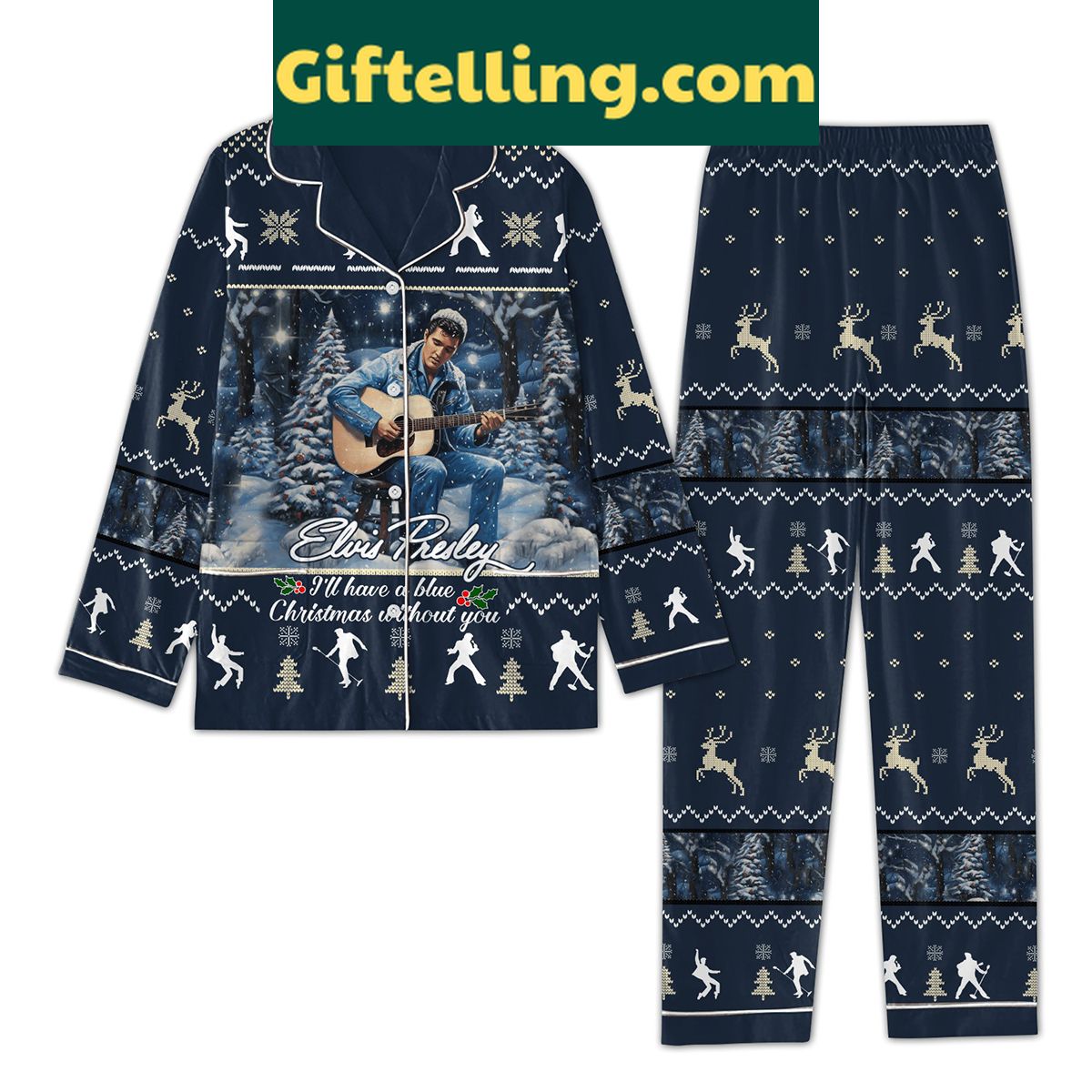elvis-presley-ill-have-a-blue-christmas-without-you-pajamas-set-1 Elvis Presley I ll Have product image showing design and team colors