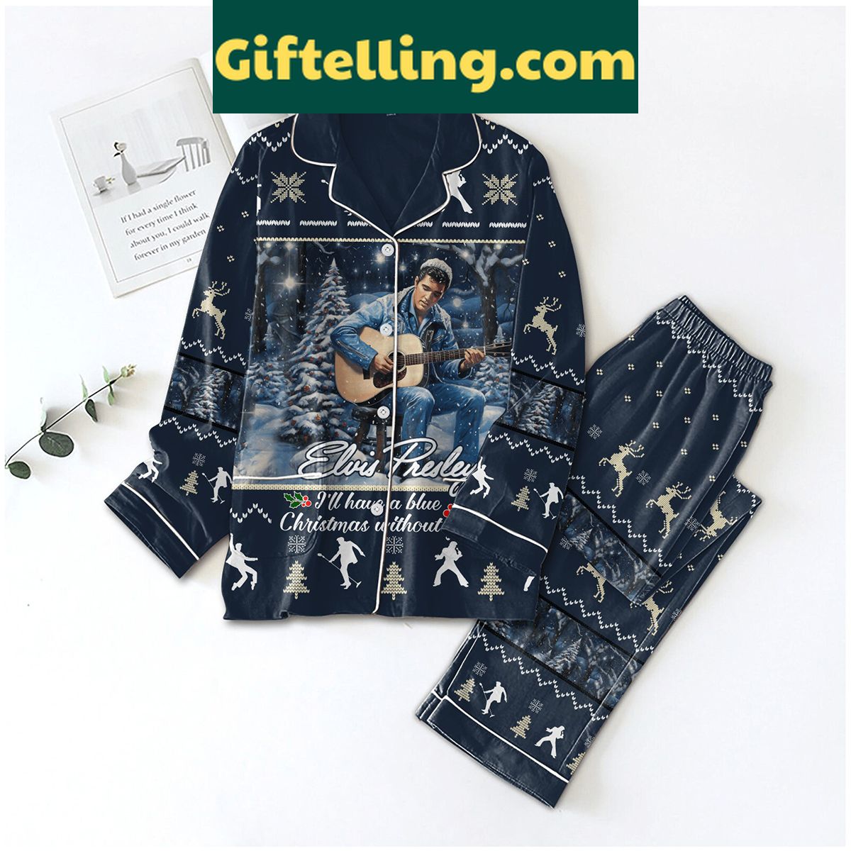 elvis-presley-ill-have-a-blue-christmas-without-you-pajamas-set-2 Elvis Presley I ll Have product image showing design and team colors
