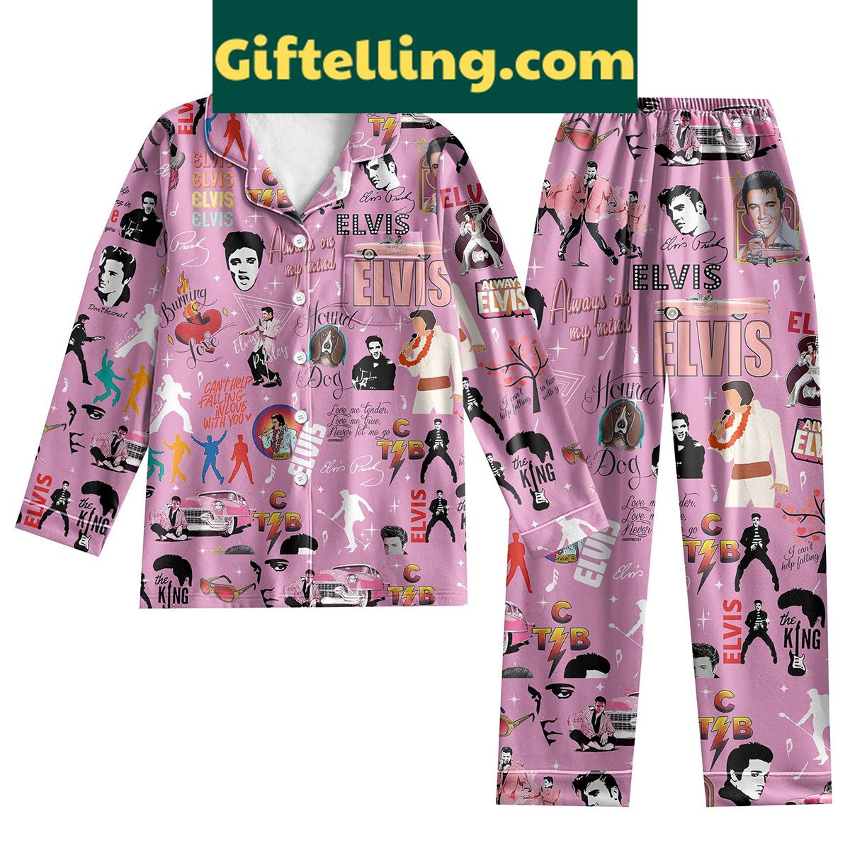 elvis-presley-king-of-rock-n-roll-silk-pajamas-set-pink-edition-1 Elvis Presley King Of Rock product image showing design and team colors