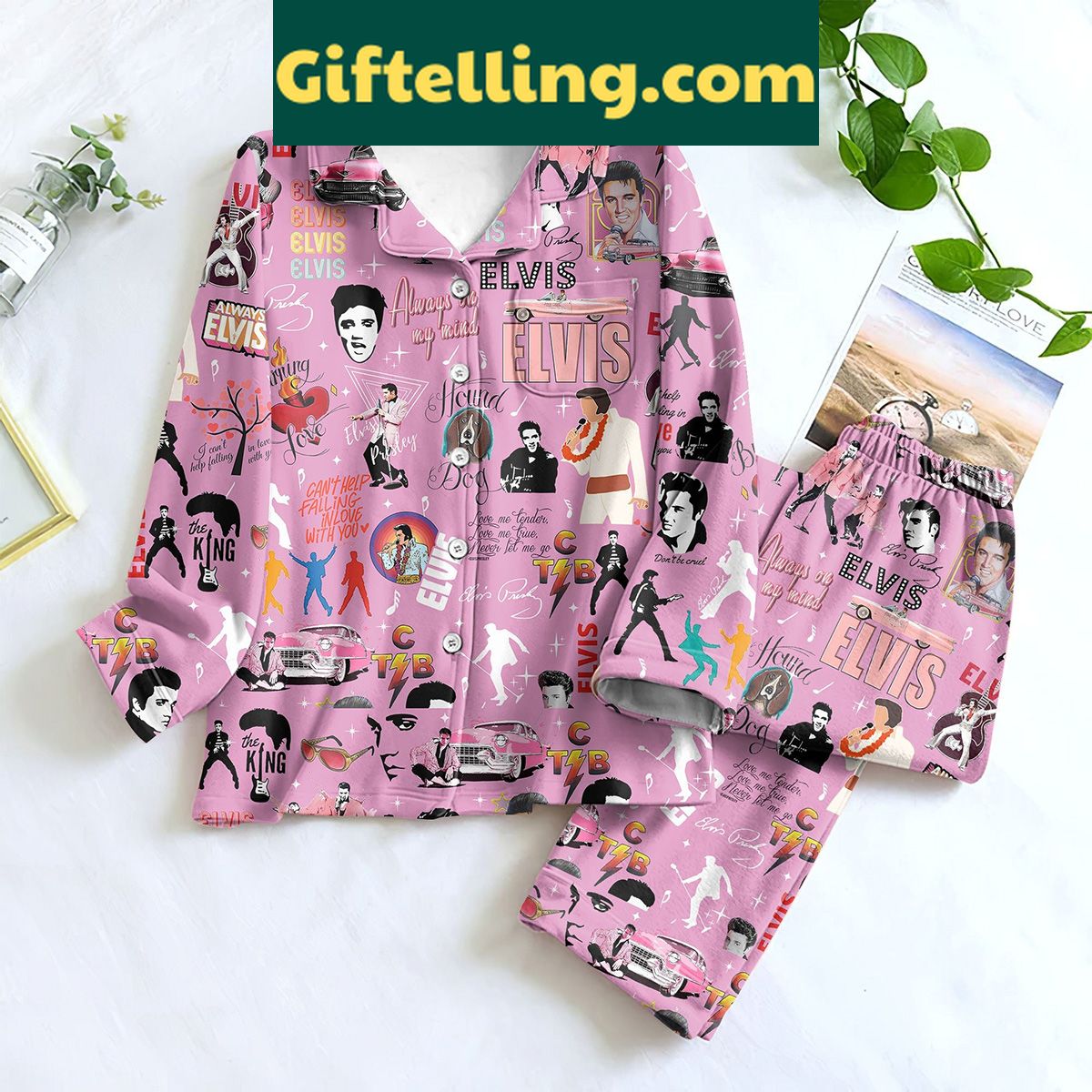 elvis-presley-king-of-rock-n-roll-silk-pajamas-set-pink-edition-2 Elvis Presley King Of Rock product image showing design and team colors